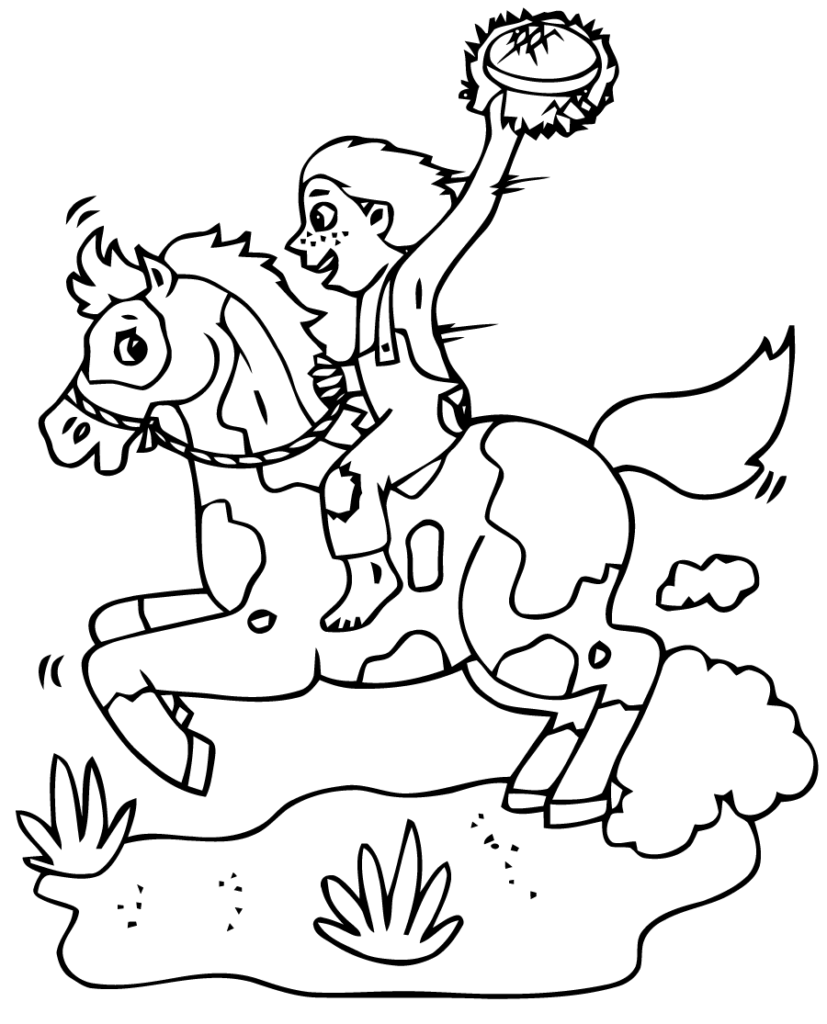 Desenho de Menino Correndo em Cavalo na Floresta para Colorir