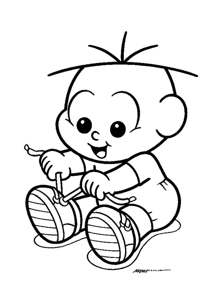 Desenho de Cebolinha Bebê Amarrando Tênis para Colorir