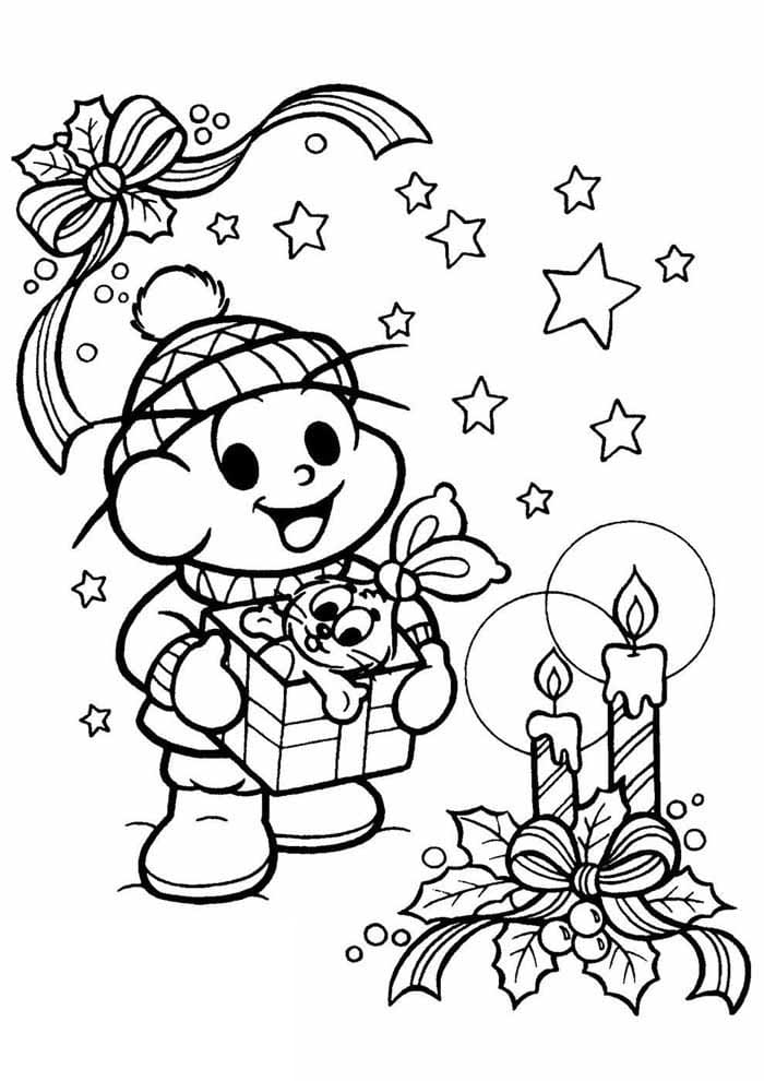 Desenho de Cebolinha e Presente de Natal Turma da Monica para Colorir