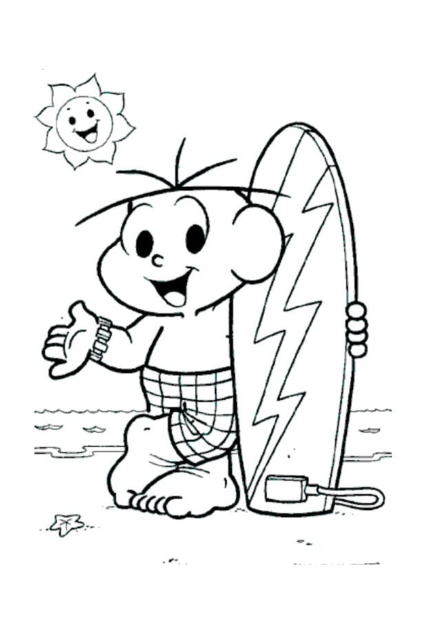 Desenho de Cebolinha Surfista na Praia para Colorir