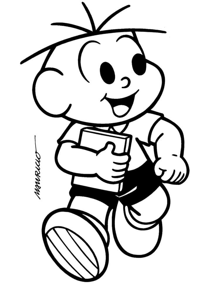 Desenho do Cebolinha com Livro na Escola para Colorir