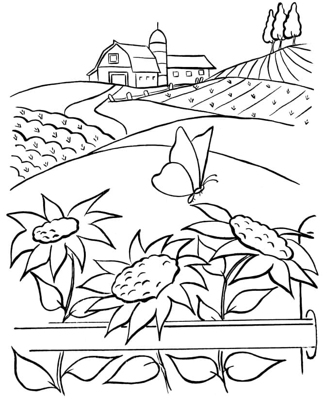 Desenho Celeiro com Bela Paisagem para Colorir