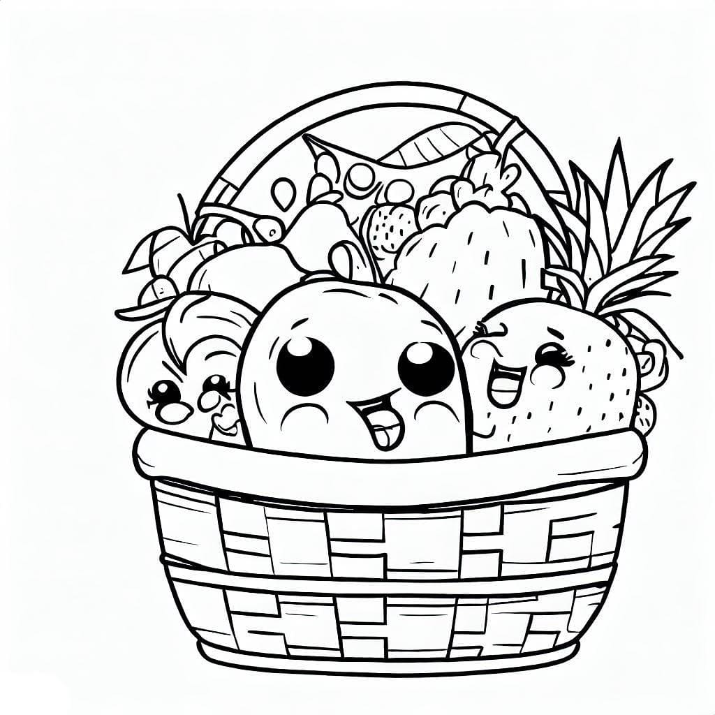 Desenho de Cesta de Frutas Divertida para Colorir