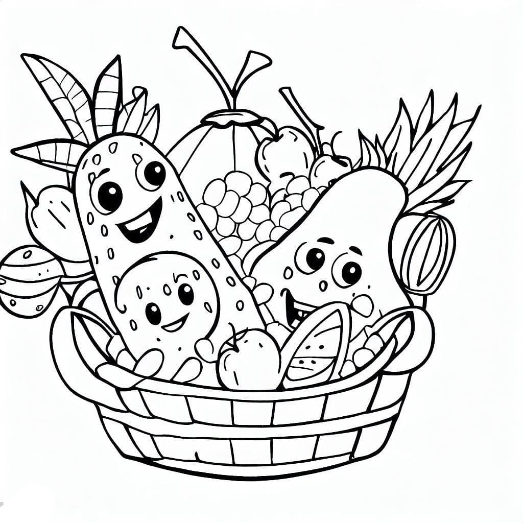 Desenho de Cesta de Frutas Feliz para Colorir