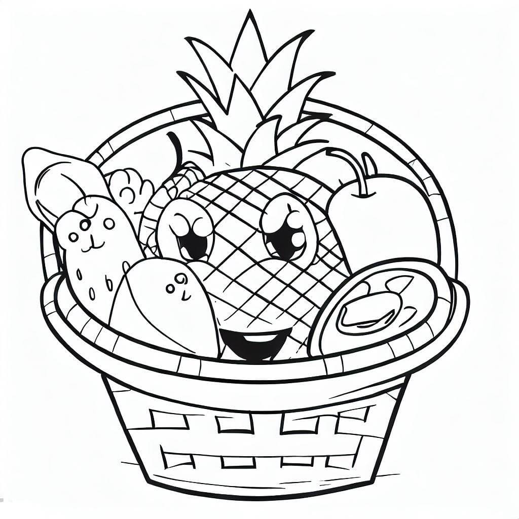 Desenho de Cesta de Frutas Fofa para Colorir