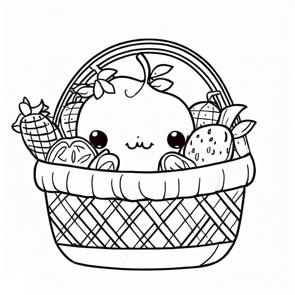 Desenho de Cesta de Frutas Kawaii para Colorir