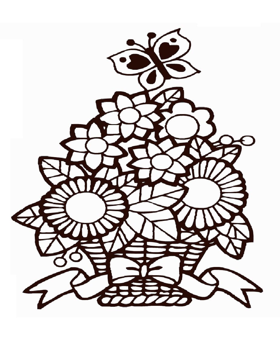 Desenho de Cesta de Flores com Muitos Detalhes para Colorir