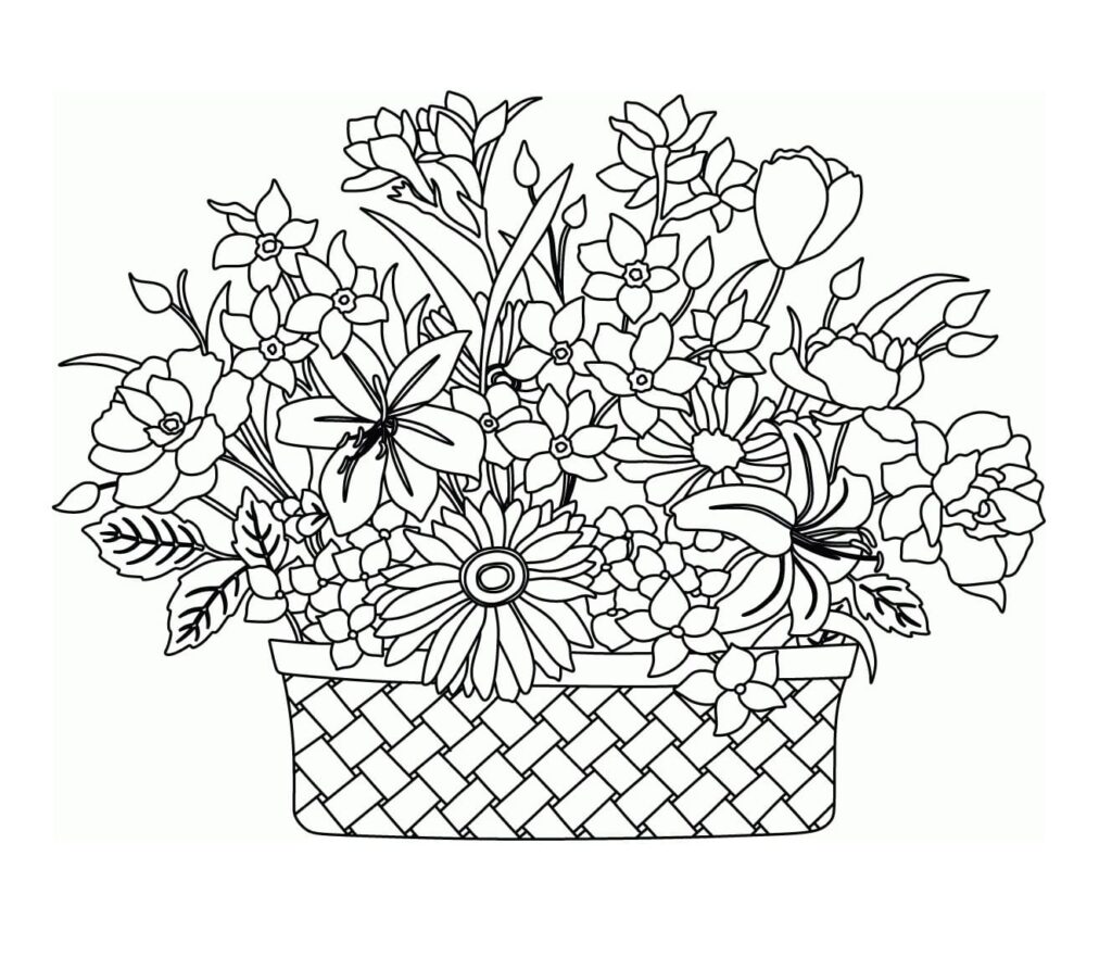 Desenho de Cesta de Flores Grátis para Colorir