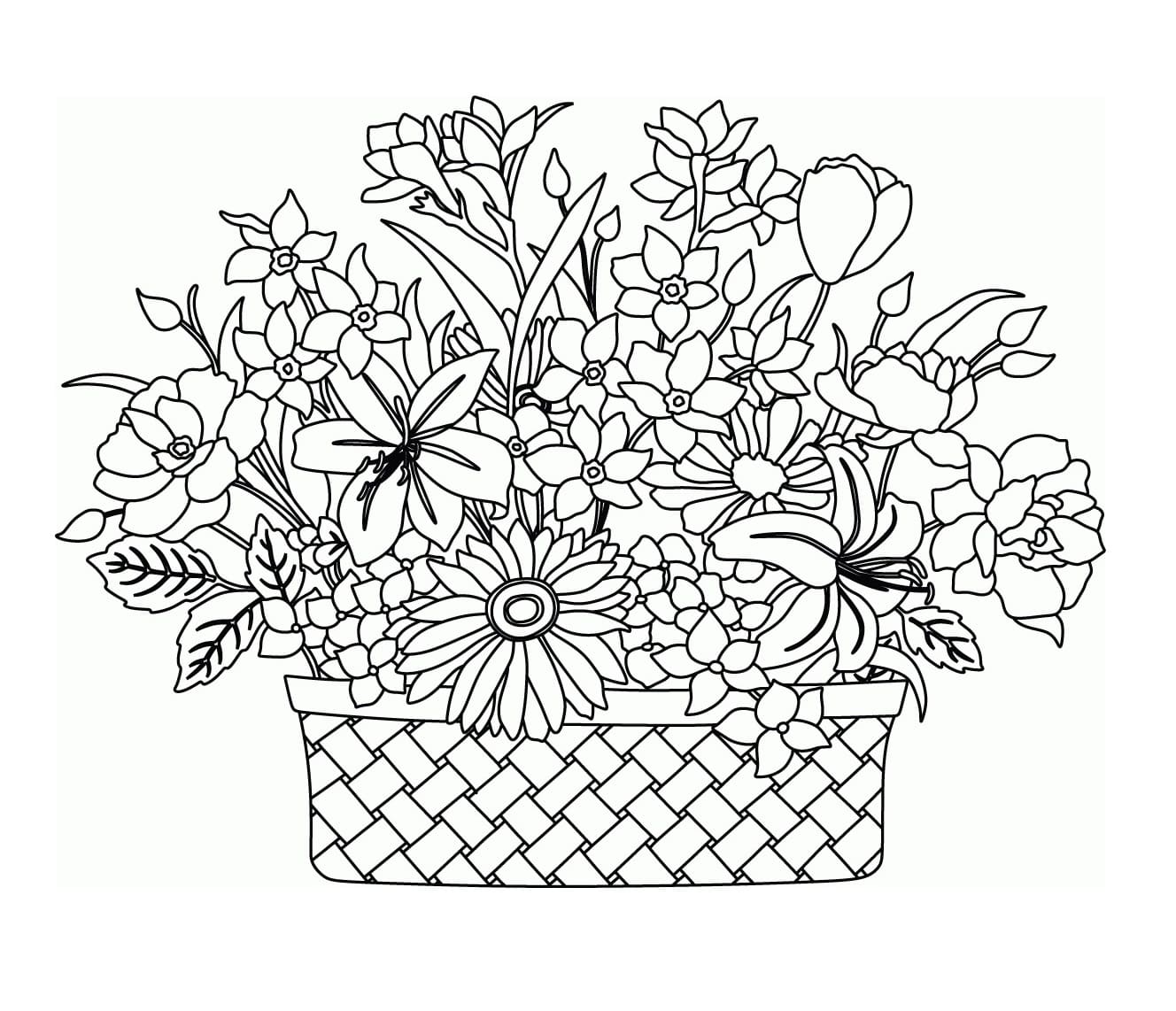 Desenho de Cesta de Flores Grátis para Colorir