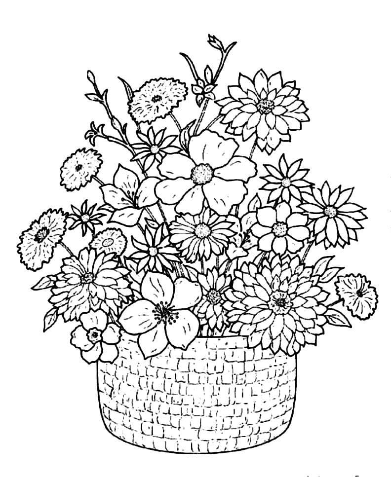 Desenho de Cesta de Flores Grátis para Crianças para Colorir