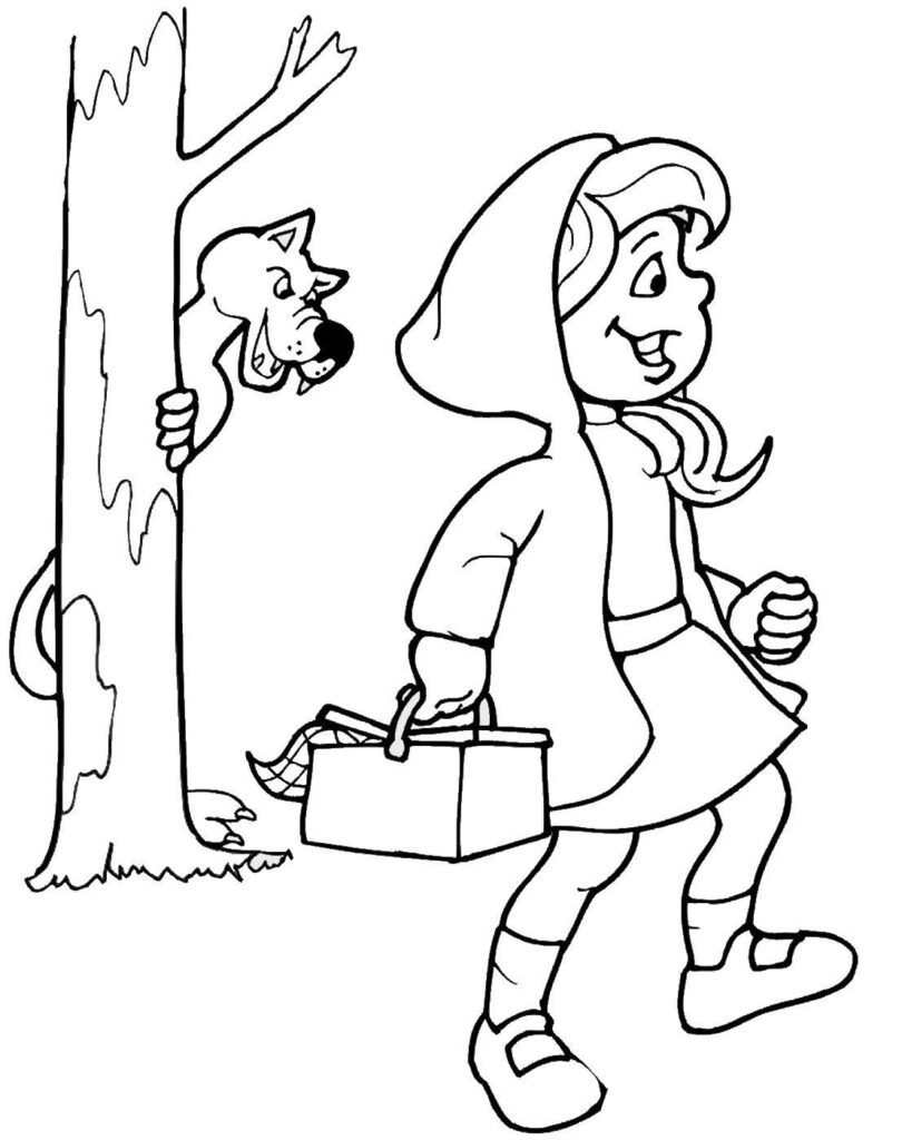 Desenho de Chapeuzinho Vermelho na Floresta para Colorir