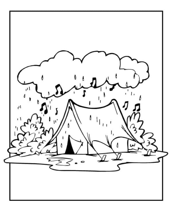 Desenho de Acampar na Chuva para Colorir