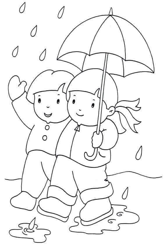 Desenho de Amigos na Chuva para Colorir