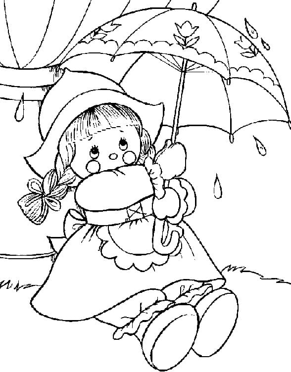 Desenho de Boneca com Guardá Chuva para Colorir