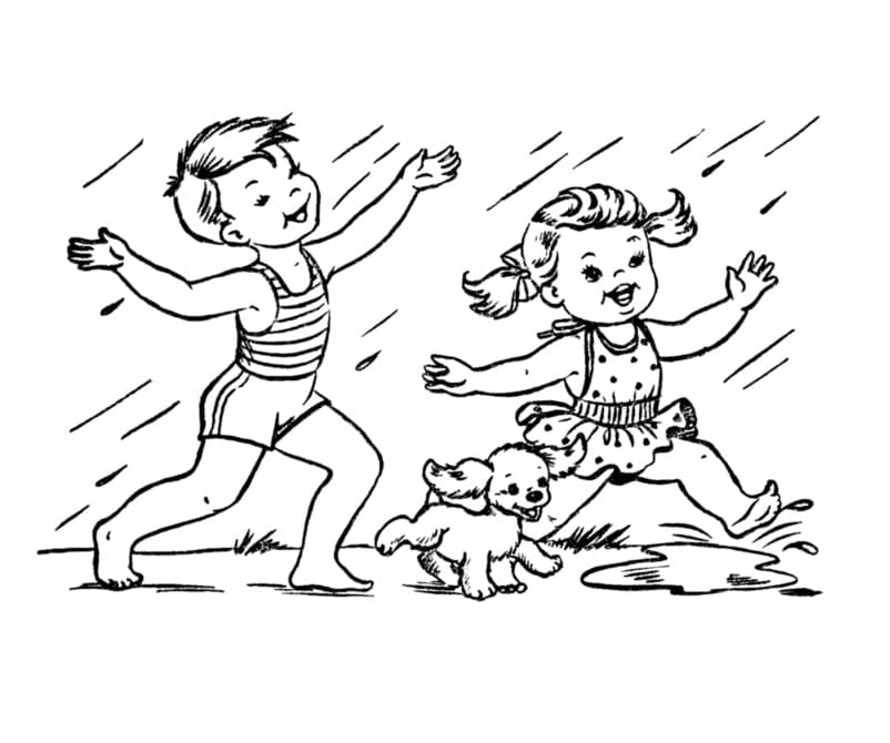 Desenho de Crianças Felizes na Chuva para Colorir