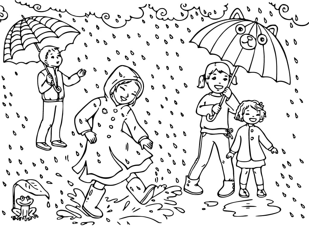Desenho de Crianças Felizes sob a Chuva para Colorir
