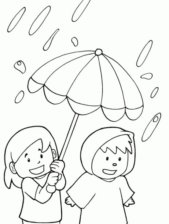 Desenho de Crianças Fofas na Chuva para Colorir