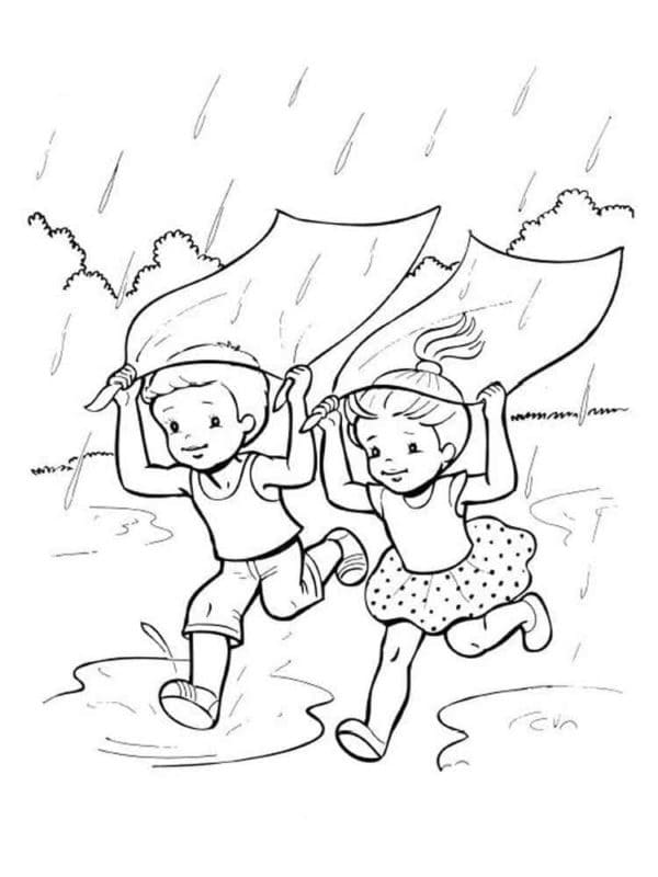 Desenho de Crianças na Chuva para Colorir