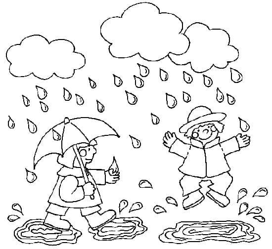 Desenho de Crianças sob a Chuva para Colorir