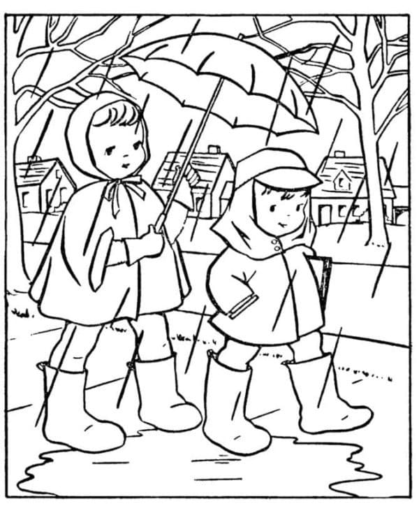 Desenho de Duas Crianças na Chuva para Colorir