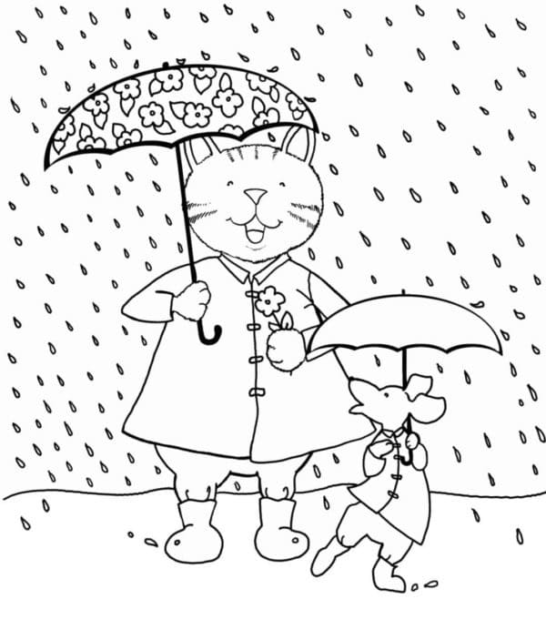 Desenho de Gato e Rato na Chuva para Colorir