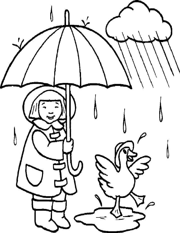 Desenho de Menina e Pato na Chuva para Colorir