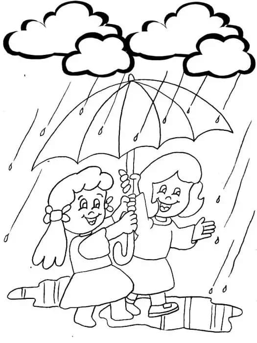 Desenho de Meninas na Chuva para Colorir