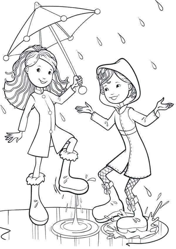 Desenho de Meninas sob a Chuva para Colorir