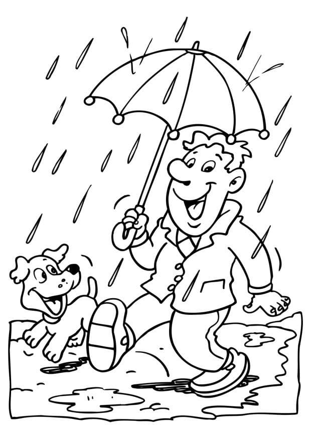 Desenho de Menino e Cachorro na Chuva para Colorir