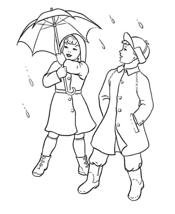 Desenho de Menino e Menina na Chuva para Colorir
