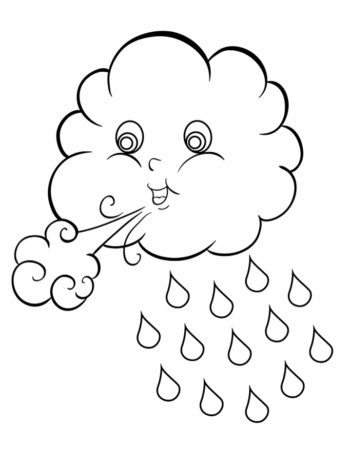 Desenho de Nuvem Fofinha Soprando e Deixando Chuva Cair para Colorir