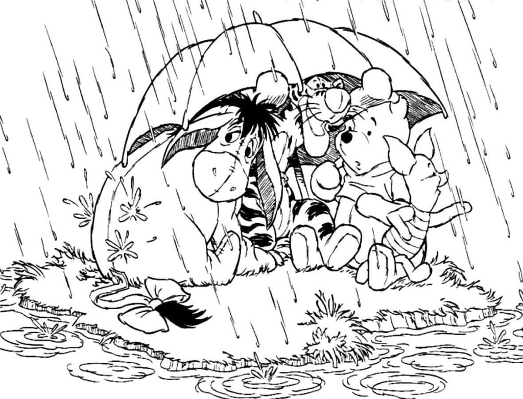Desenho de Ursinho Pooh na Chuva para Colorir