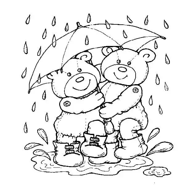 Desenho de Ursinhos na Chuva para Colorir