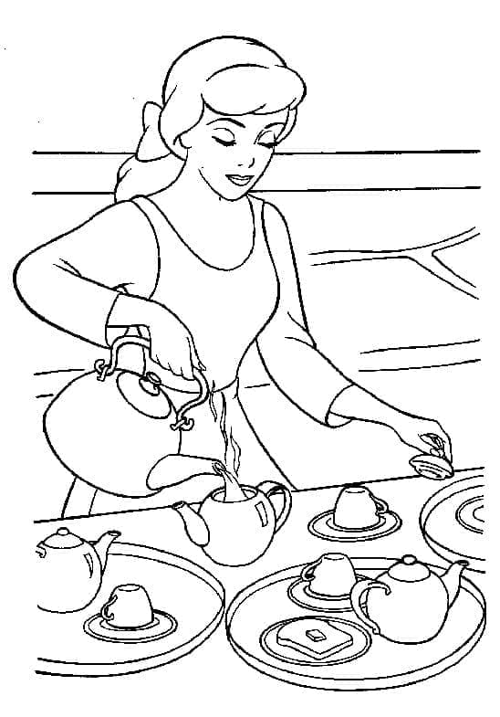 Desenho de Cinderela Fazendo Chã para Colorir