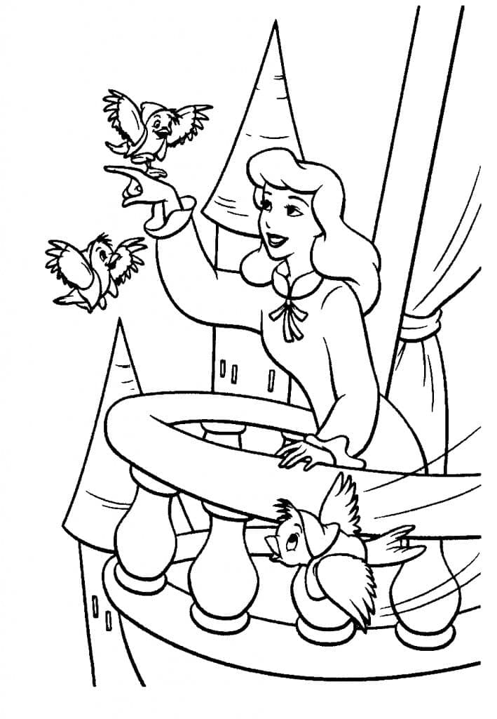 Desenho de Cinderela com Pássaros para Colorir