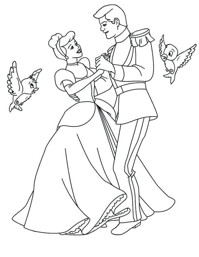Desenho de Cinderela com Príncipe Encantado para Colorir