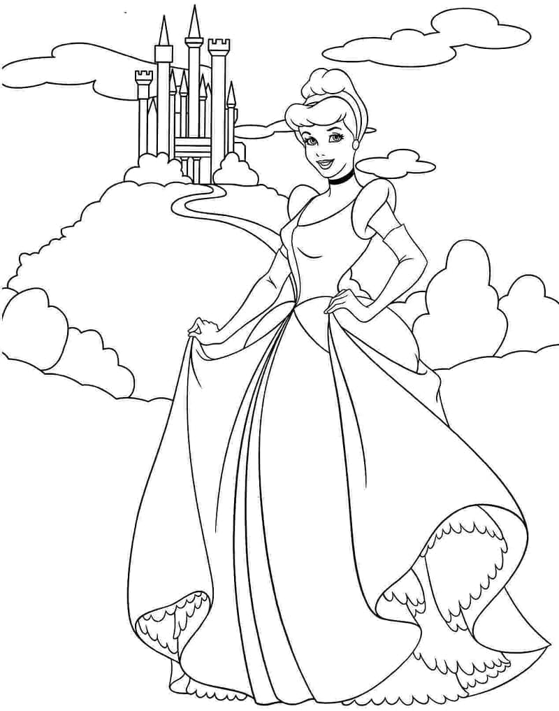 Desenho de Cinderela e Castelo para Colorir
