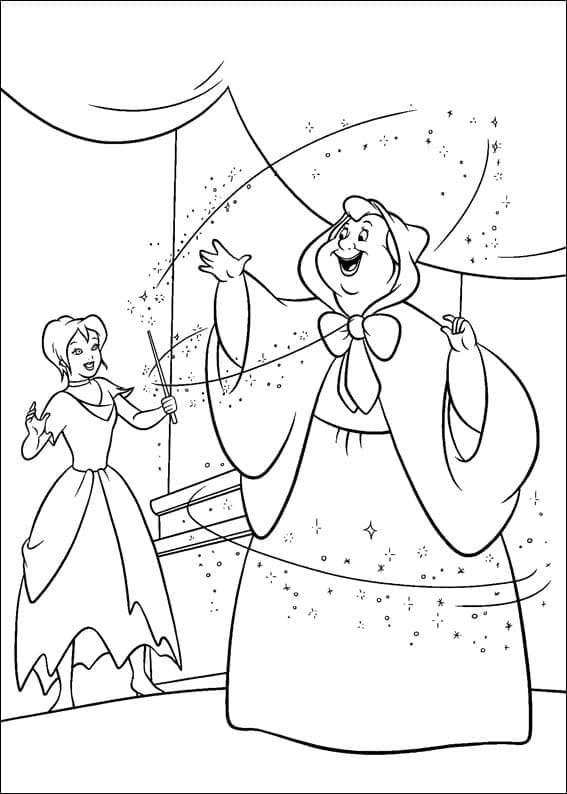 Desenho de Cinderela e Fada Madrinha para Colorir
