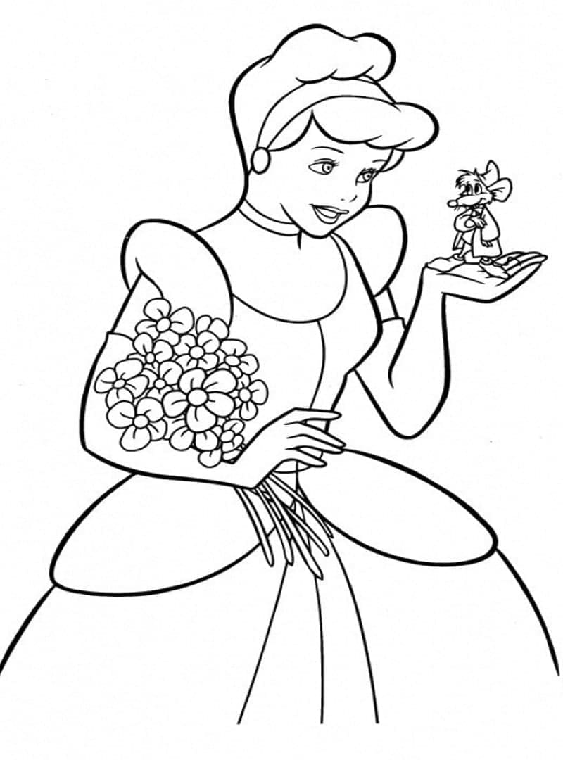 Desenho de Cinderela e Jaq para Colorir