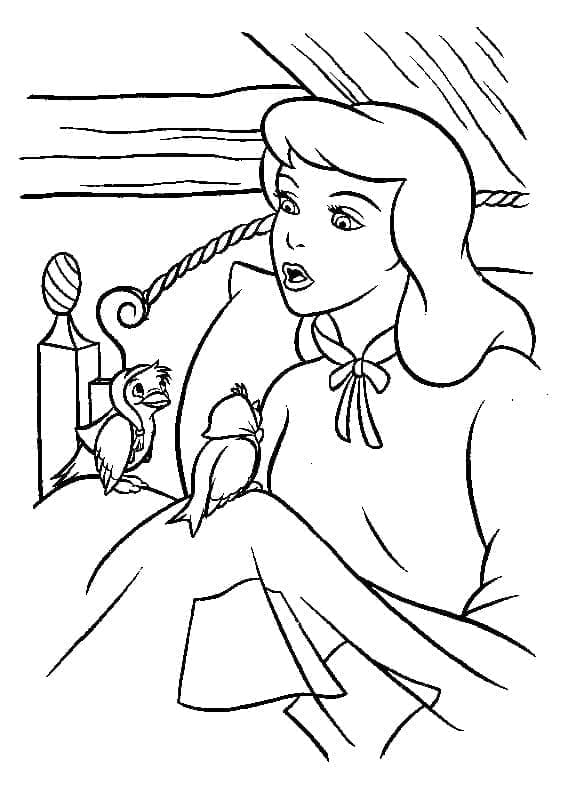 Desenho de Cinderela e Pássaros para Colorir