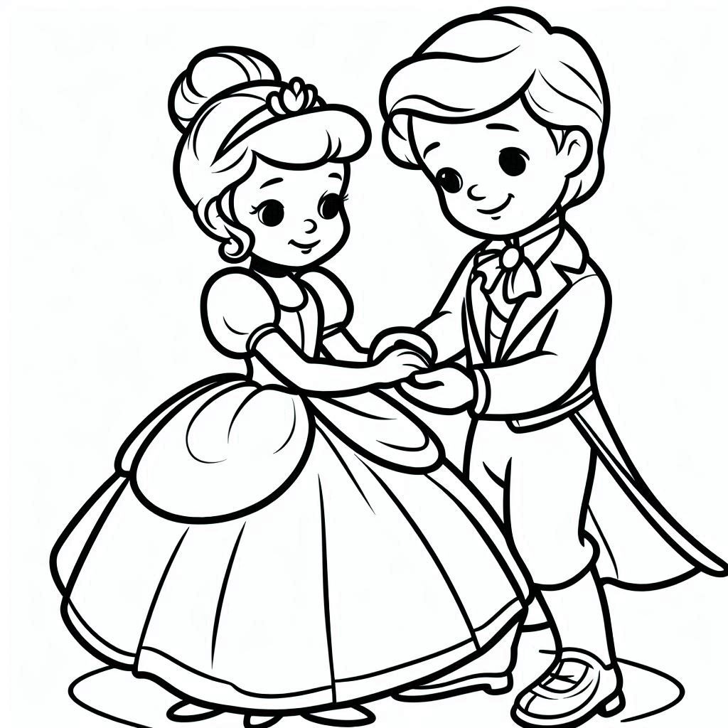 Desenho Cinderela com Príncipe para Colorir