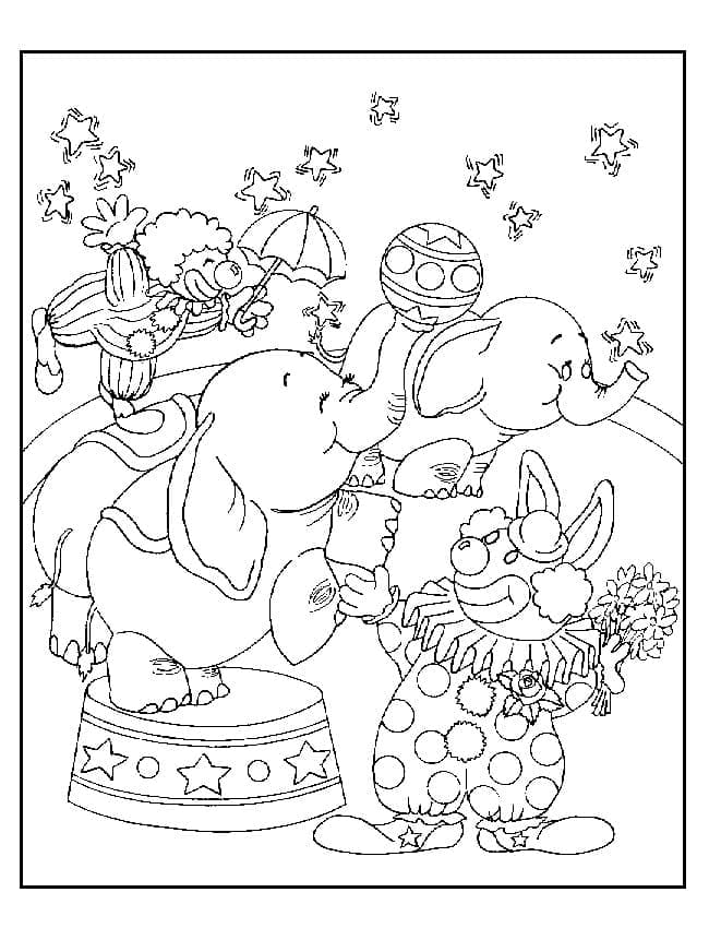 Desenho de Palhaço de Circo e Elefantes para Colorir