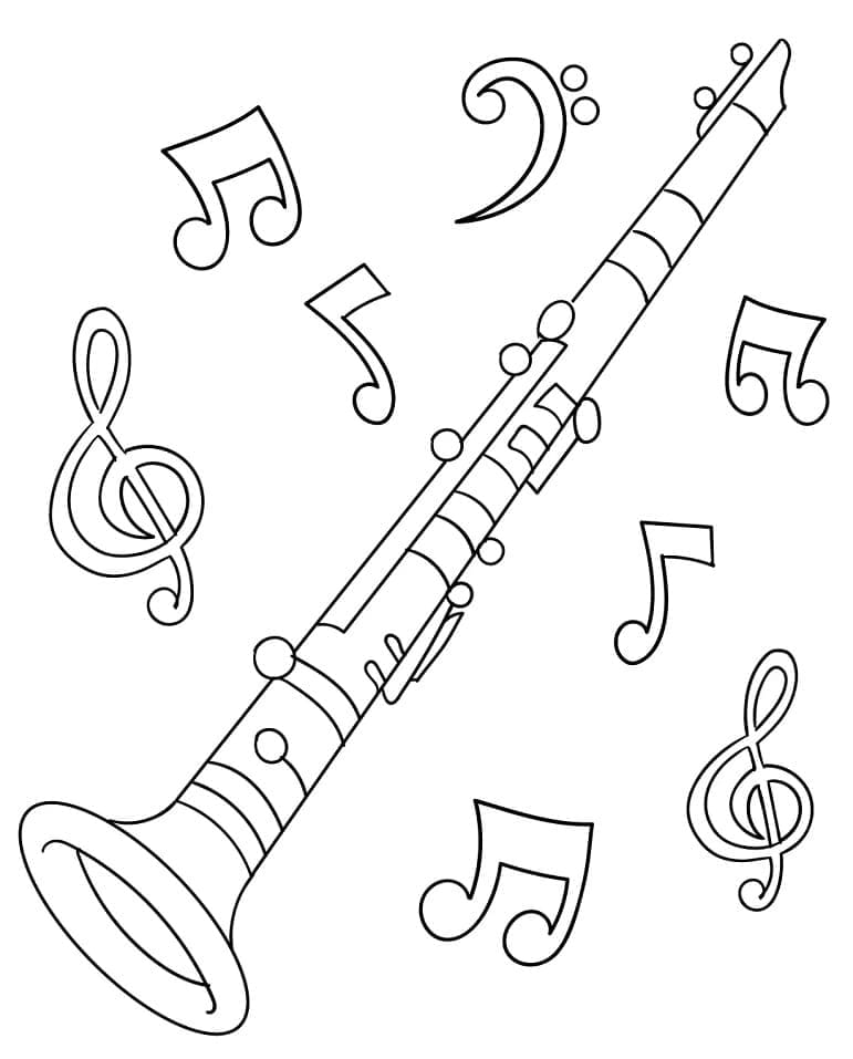 Desenho de Clarinete e Notas Musicais para Colorir