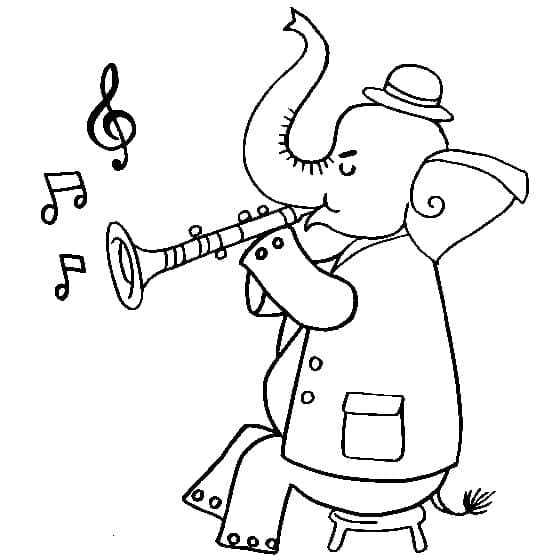 Desenho de Elefante Tocando Clarinete para Colorir
