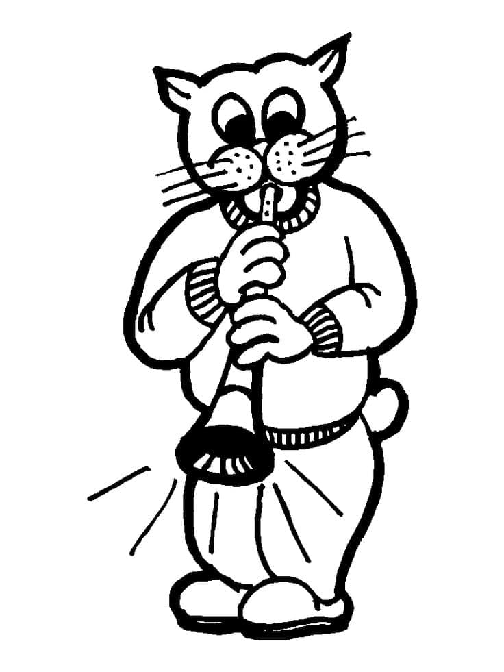 Desenho de Gato Tocando Clarinete para Colorir