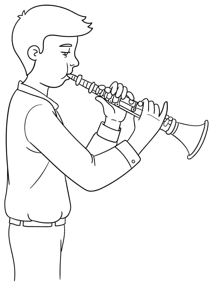 Desenho de Menino Tocando Clarinete para Colorir