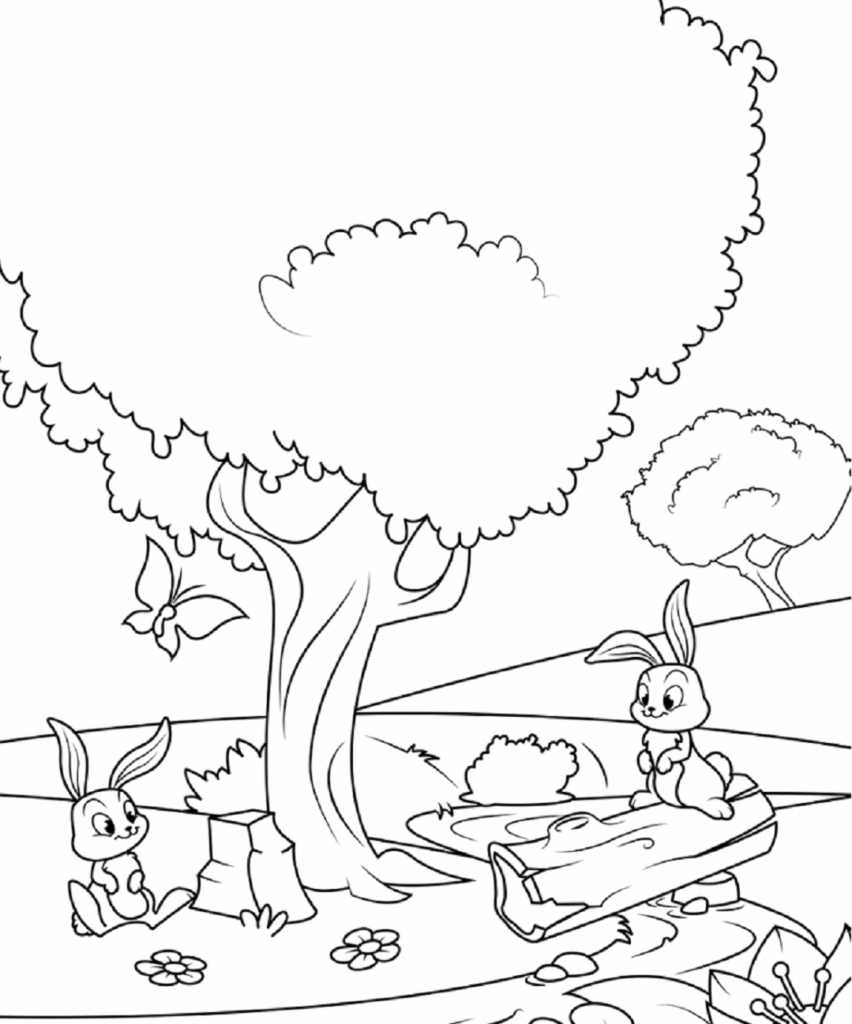 Desenho de Coelhos Brincando na Floresta Download para Imprimir e Colorir