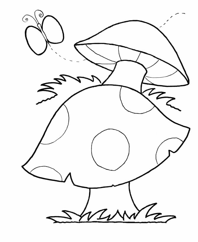 Desenho de Cogumelo com Borboleta em Jardim para Colorir