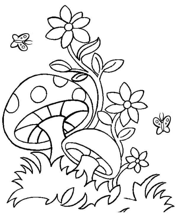 Desenho de Cogumelo e Plantas do Jardim para Colorir