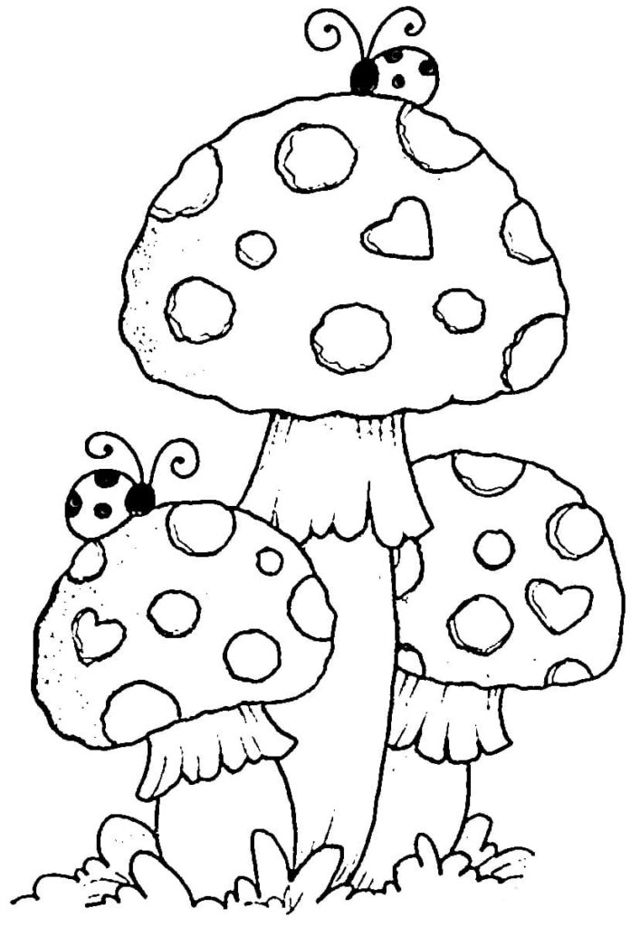 Desenho de Três Cogumelo Eduas Joaninhas para Colorir
